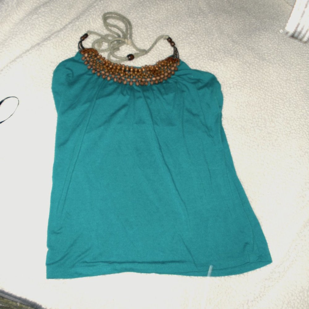 Boston Proper turquoise W/brown wood bead collar, jute with glass beads tie.
